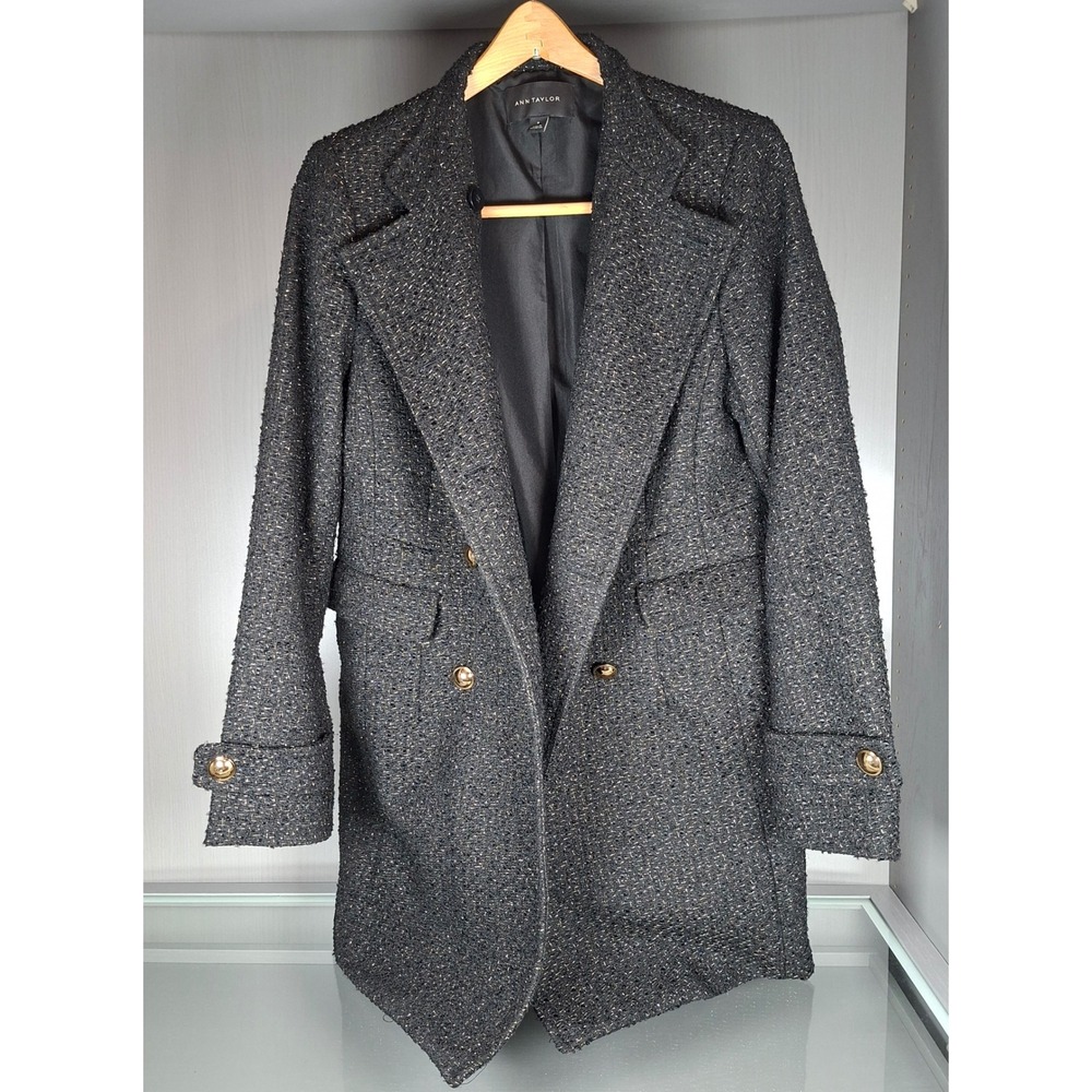 Ann Taylor Women Medium Black Gold Tweed Double Breasted Mid Length Coat Jacket